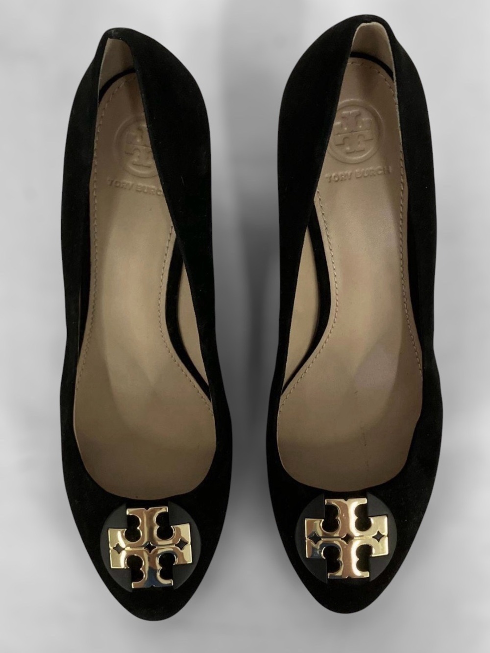 Tory Burch Black Suede wedges with Gold Logo Medallion